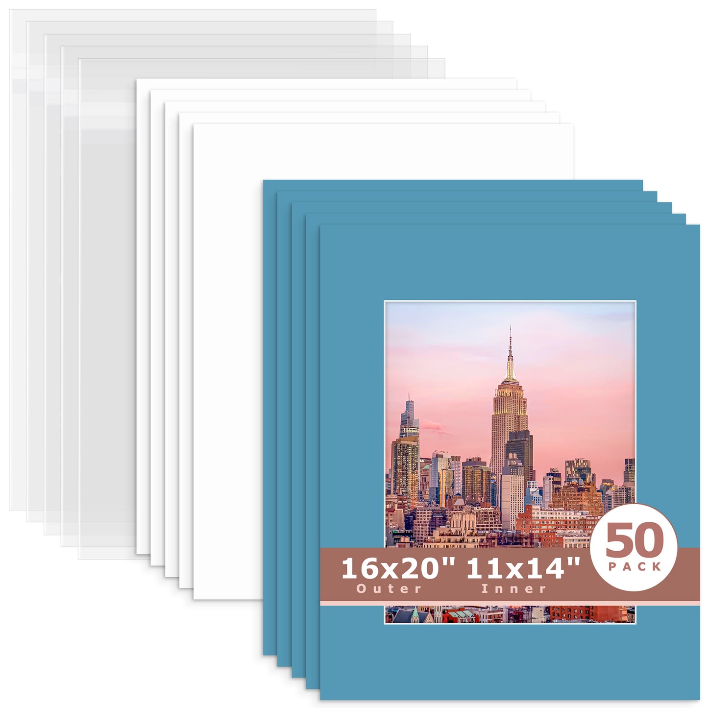 50 Pack 16x20 Whitecore Economy Pre-Cut Mat + Backing + Bag 11x14 (exact opening 10.5x13.5) N138 Dynamic Blue