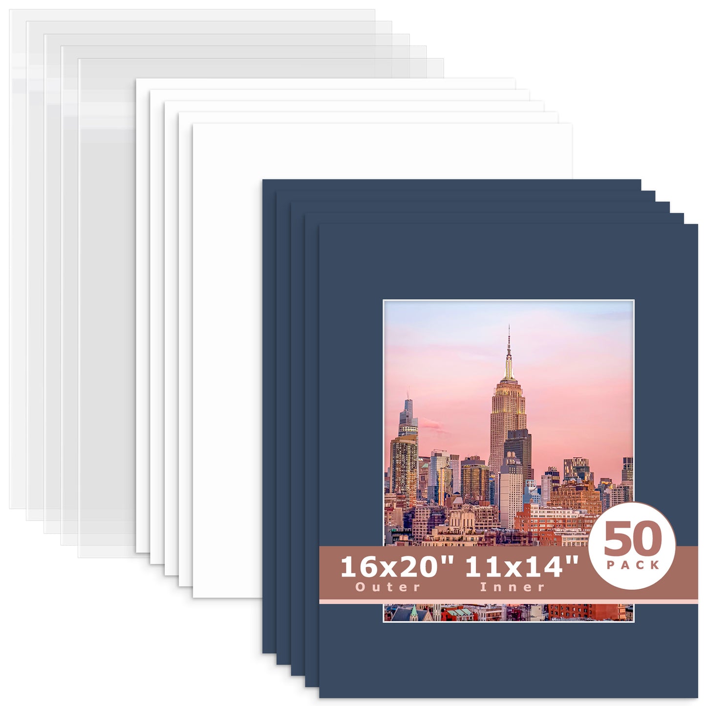 50 Pack 16x20 Whitecore Economy Pre-Cut Mat + Backing + Bag 11x14 (exact opening 10.5x13.5) N141 Dignity Blue