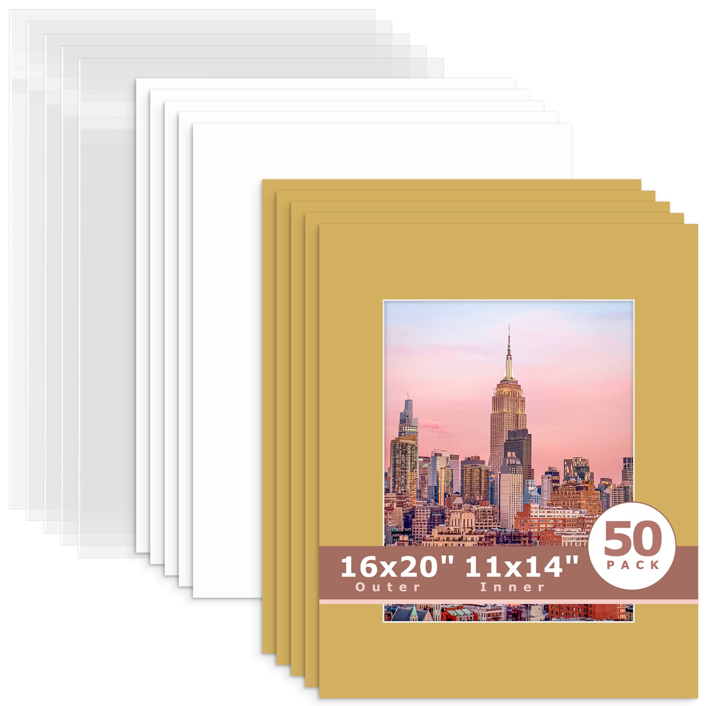 50 Pack 16x20 Whitecore Economy Pre-Cut Mat + Backing + Bag 11x14 (exact opening 10.5x13.5) N159 Smokey Tan