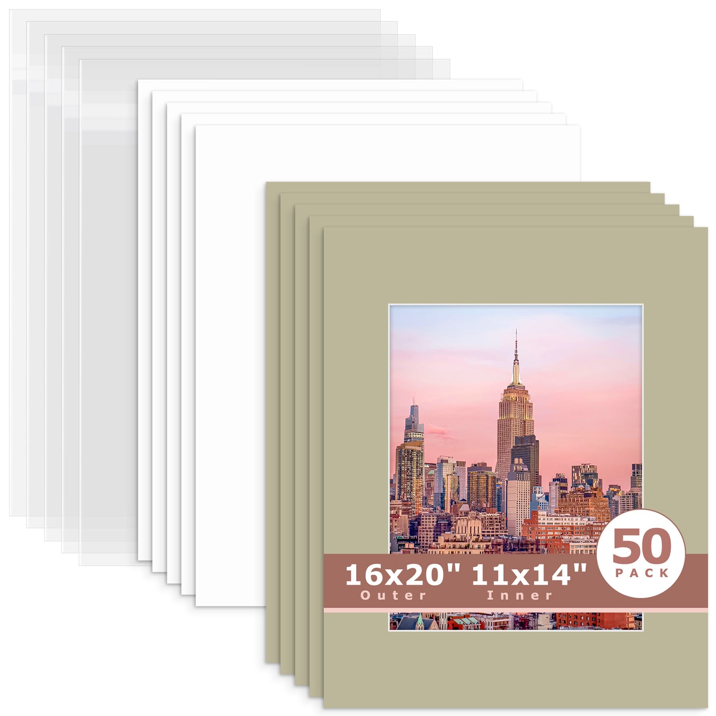 50 Pack 16x20 Whitecore Economy Pre-Cut Mat + Backing + Bag 11x14 (exact opening 10.5x13.5) N154 Middle Gray