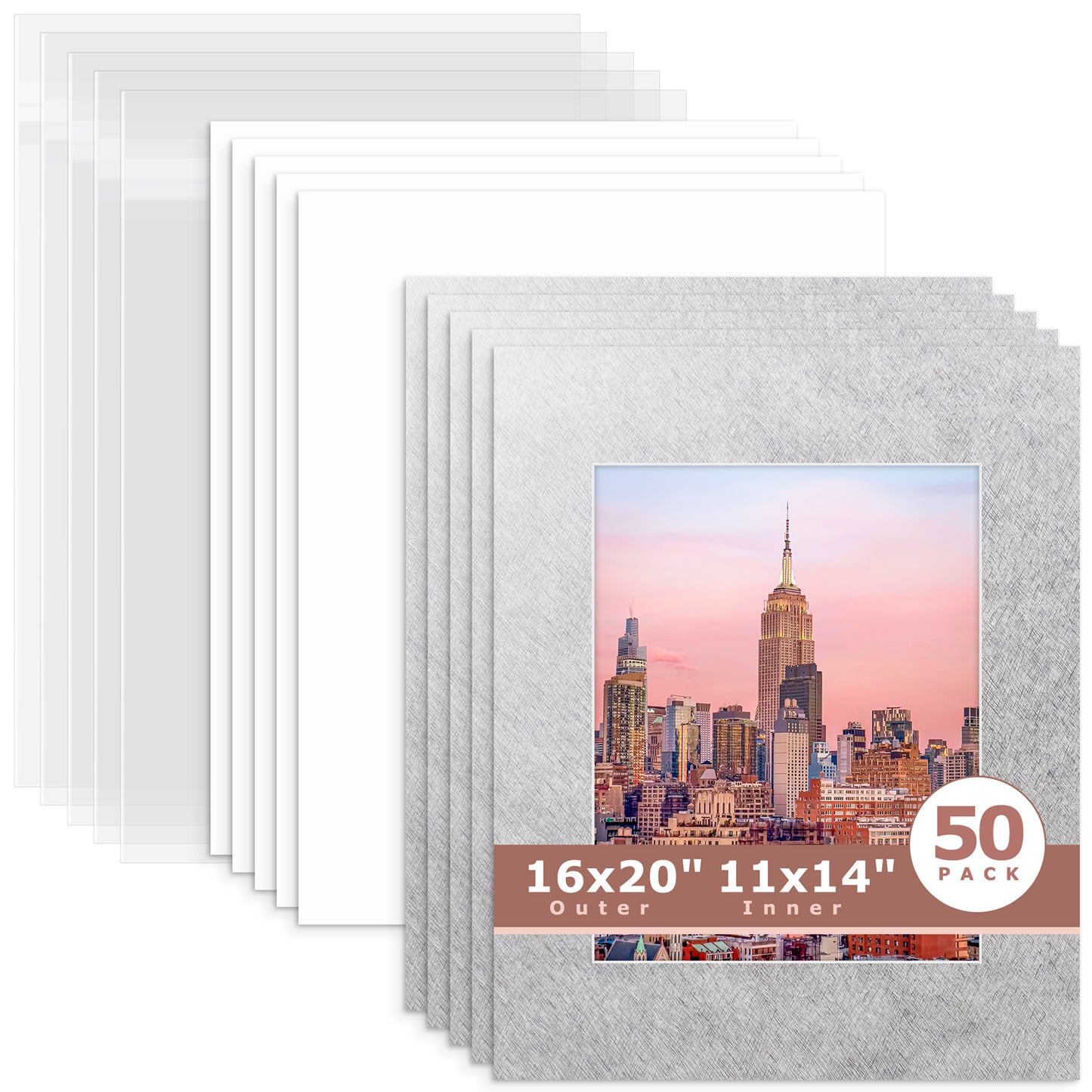 50 Pack 16x20 Whitecore Economy Pre-Cut Mat + Backing + Bag 11x14 (exact opening 10.5x13.5) N137 Silver
