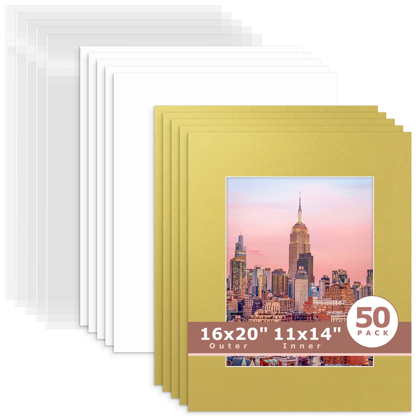 50 Pack 16x20 Whitecore Economy Pre-Cut Mat + Backing + Bag 11x14 (exact opening 10.5x13.5) N143 Old Gold