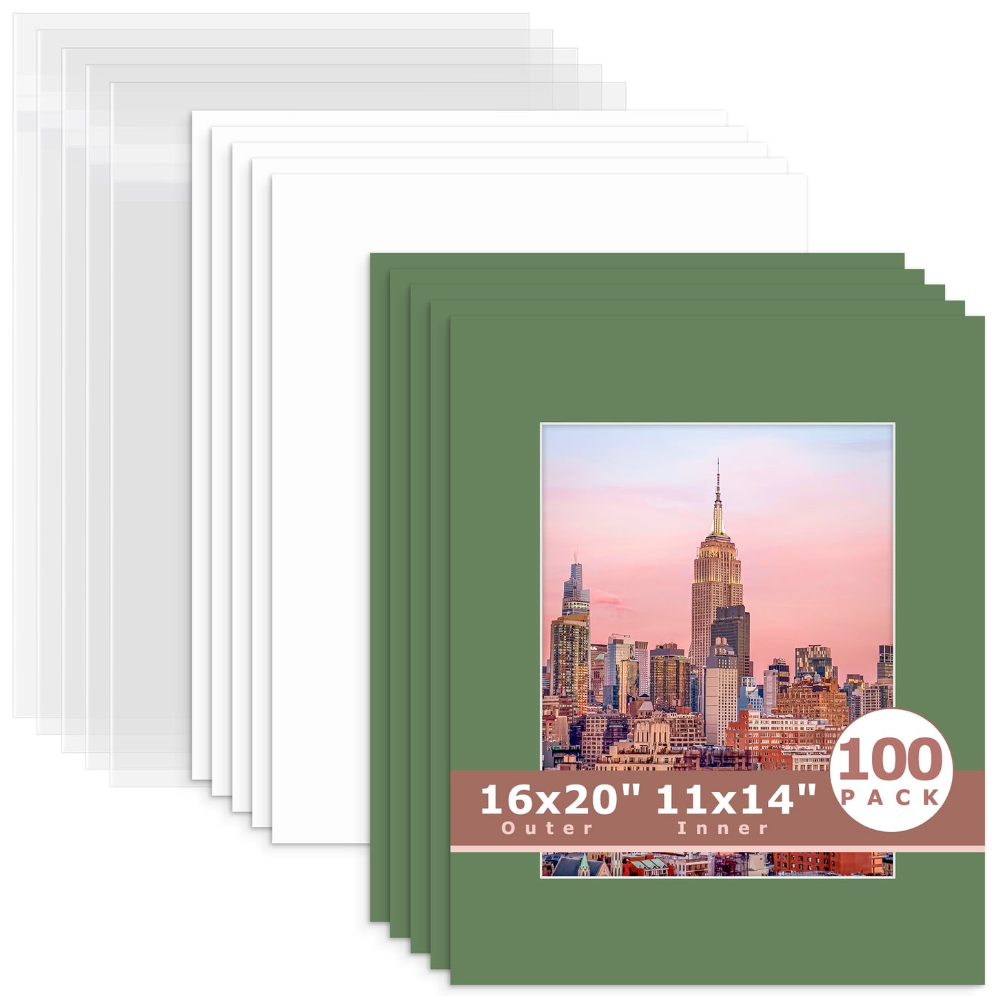 100 Pack 16x20 Whitecore Economy Pre-Cut Mat + Backing + Bag 11x14 (exact opening 10.5x13.5) N131 Basque Green