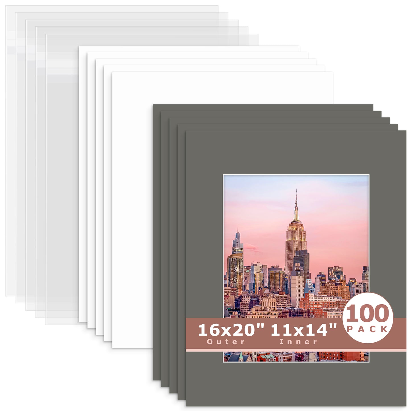 100 Pack 16x20 Whitecore Economy Pre-Cut Mat + Backing + Bag 11x14 (exact opening 10.5x13.5) N171 Gray
