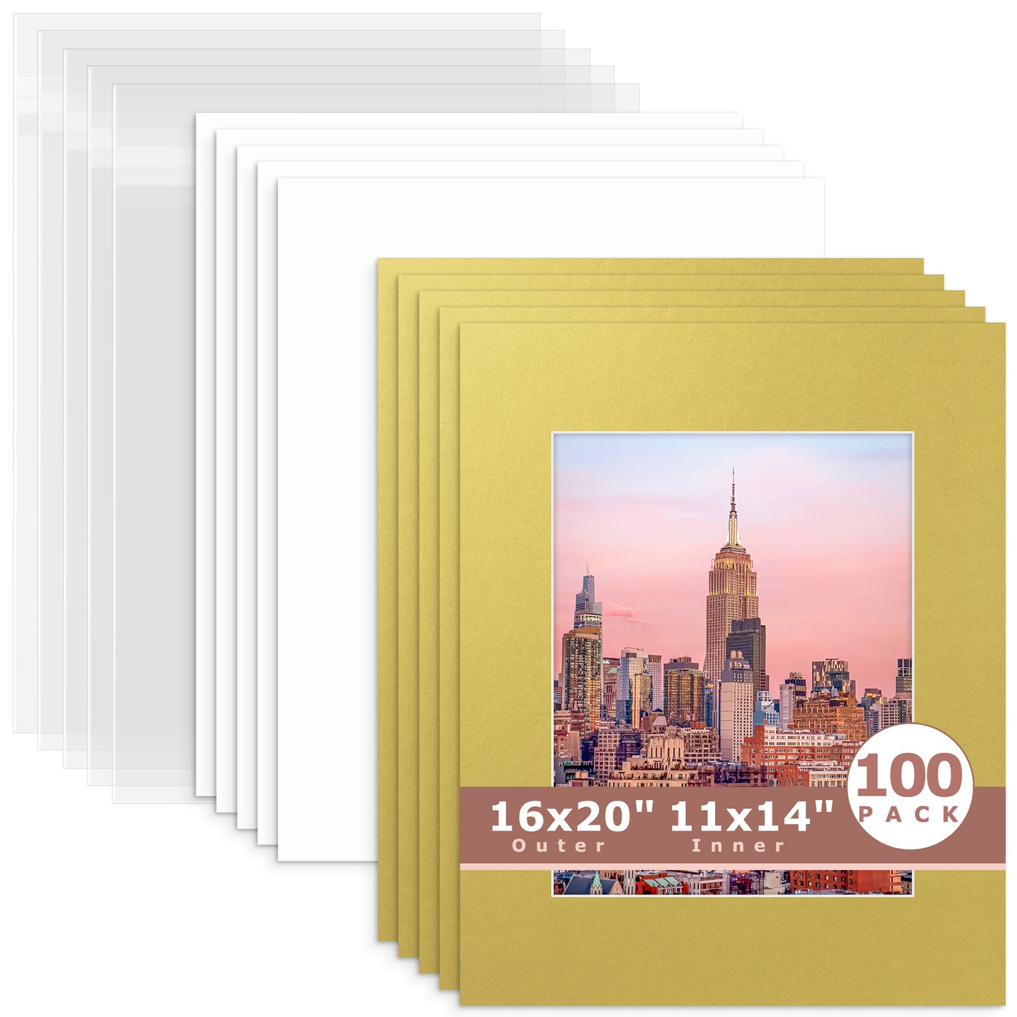 100 Pack 16x20 Whitecore Economy Pre-Cut Mat + Backing + Bag 11x14 (exact opening 10.5x13.5) N143 Old Gold