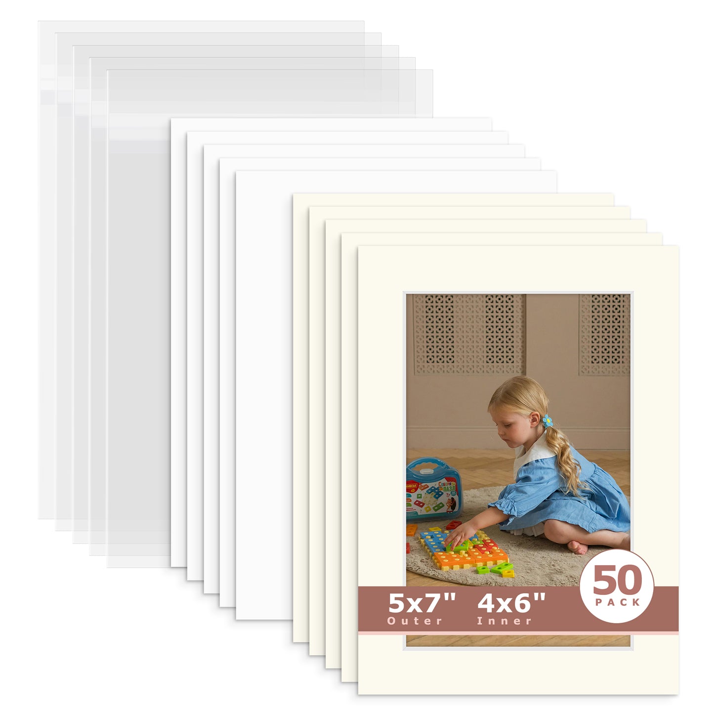 50 Pack 5x7 Whitecore Economy Pre-Cut Mat For 4x6 Picture + Backing + Bag N104 Ivory Turret