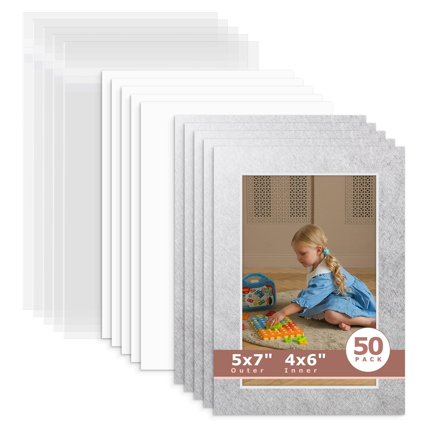 50 Pack 5x7 Whitecore Economy Pre-Cut Mat For 4x6 Picture + Backing + Bag N137 Silver