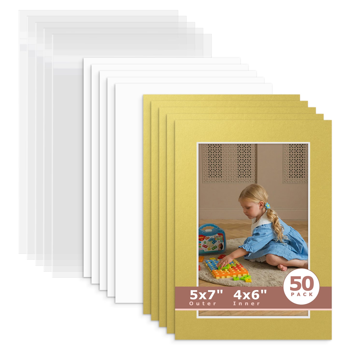50 Pack 5x7 Whitecore Economy Pre-Cut Mat For 4x6 Picture + Backing + Bag N143 Old Gold