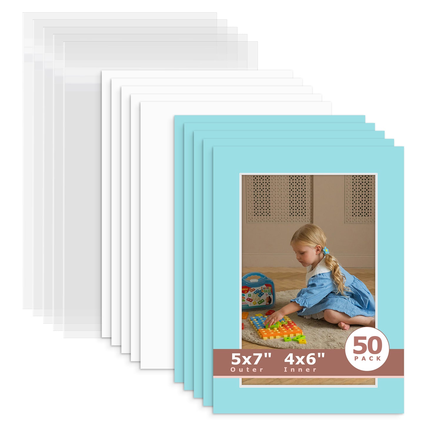 50 Pack 5x7 Whitecore Economy Pre-Cut Mat For 4x6 Picture + Backing + Bag N222 Deep Blue