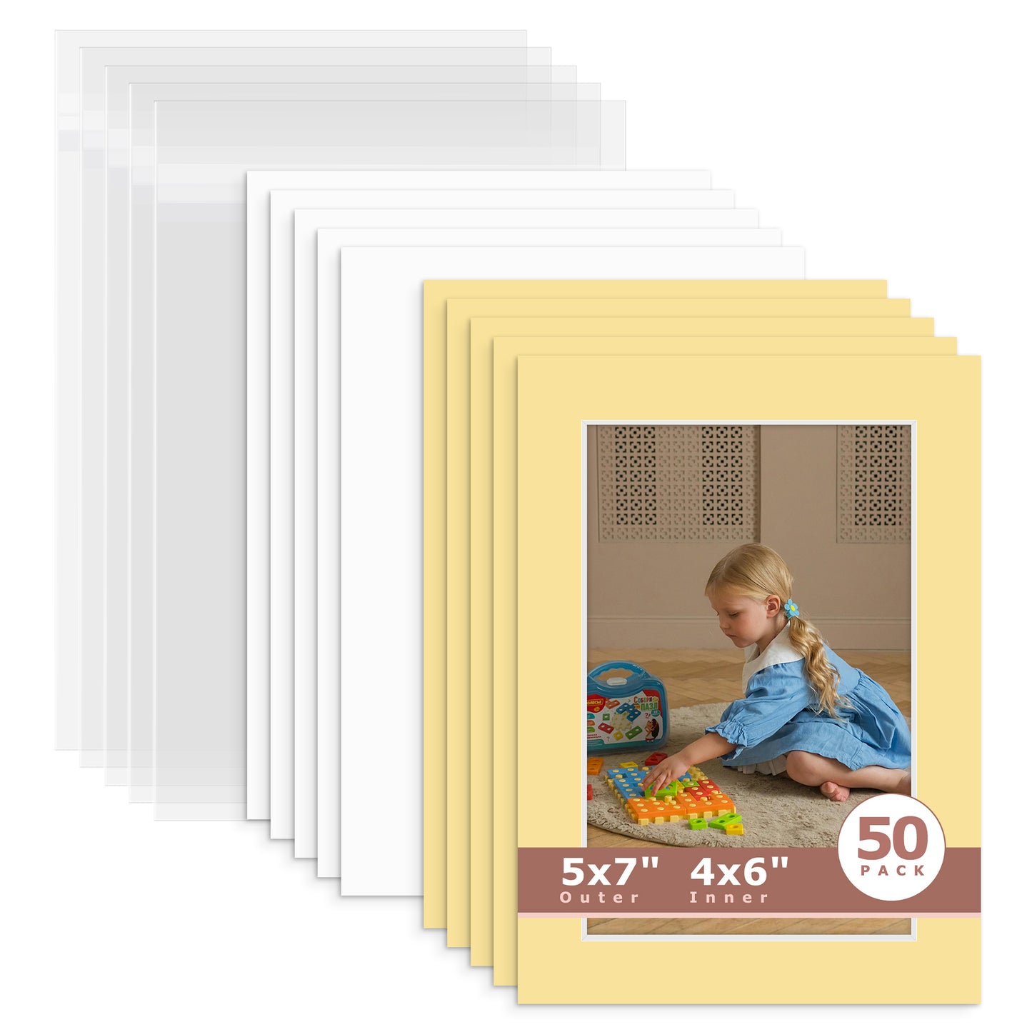 50 Pack 5x7 Whitecore Economy Pre-Cut Mat For 4x6 Picture + Backing + Bag N157 Compatible Beige