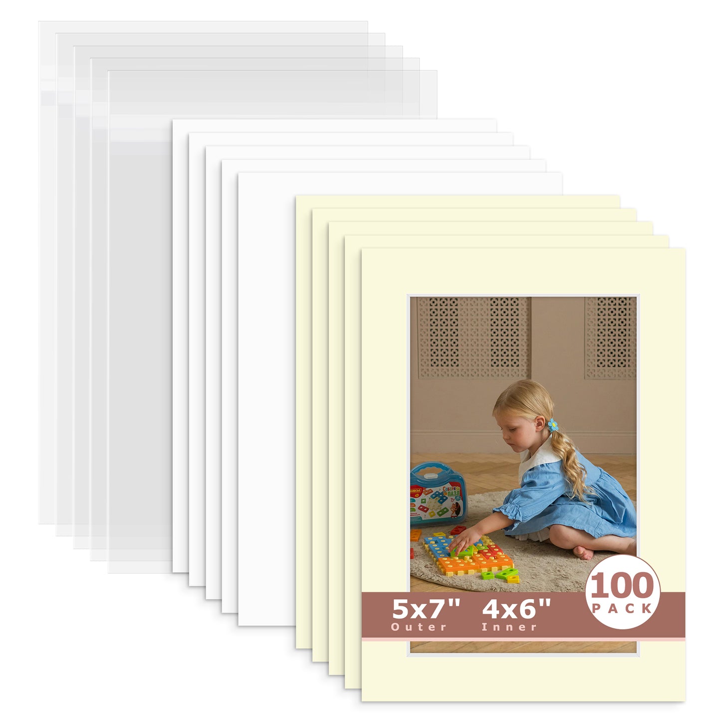 100 Pack 5x7 Whitecore Economy Pre-Cut Mat For 4x6 Picture + Backing + Bag N105 Ivory