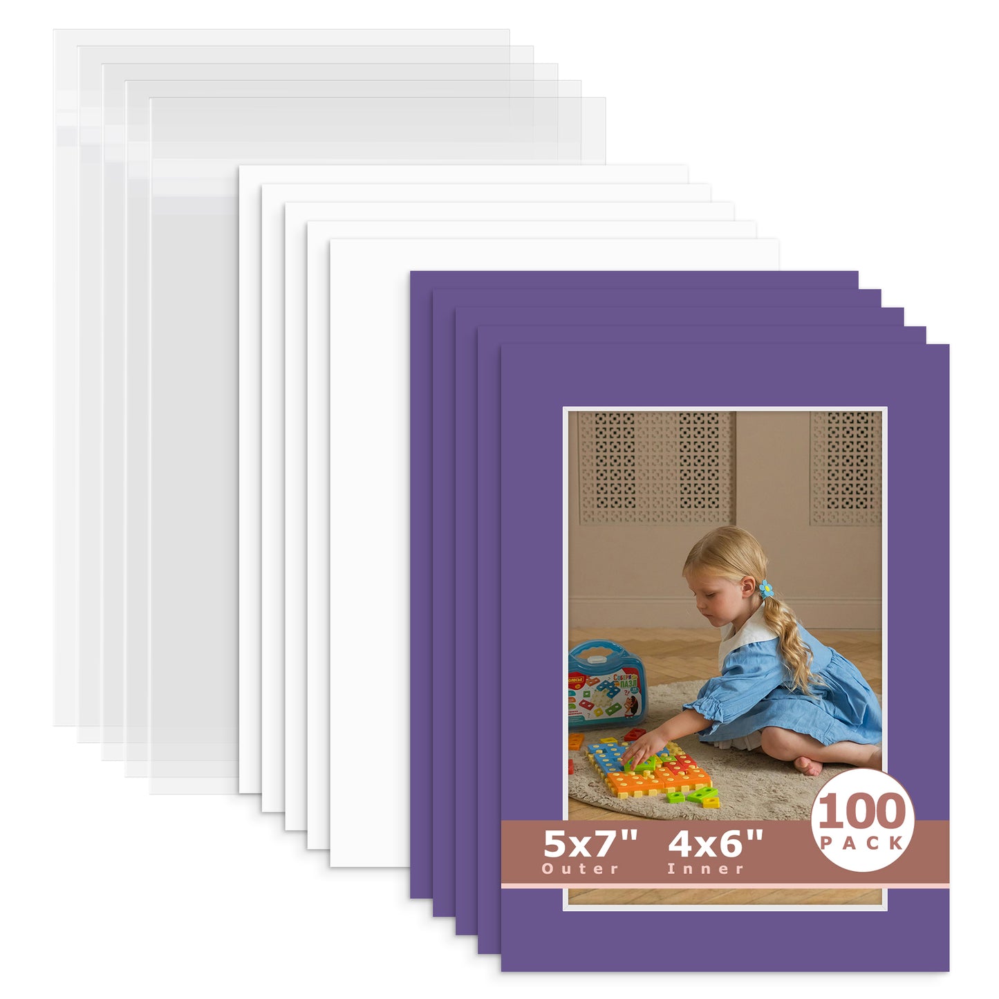 100 Pack 5x7 Whitecore Economy Pre-Cut Mat For 4x6 Picture + Backing + Bag N122 African Violet