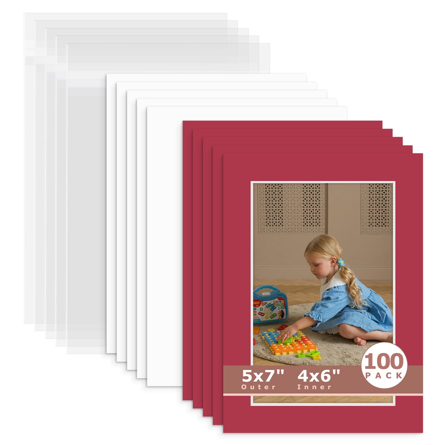 100 Pack 5x7 Whitecore Economy Pre-Cut Mat For 4x6 Picture + Backing + Bag N117 China Red