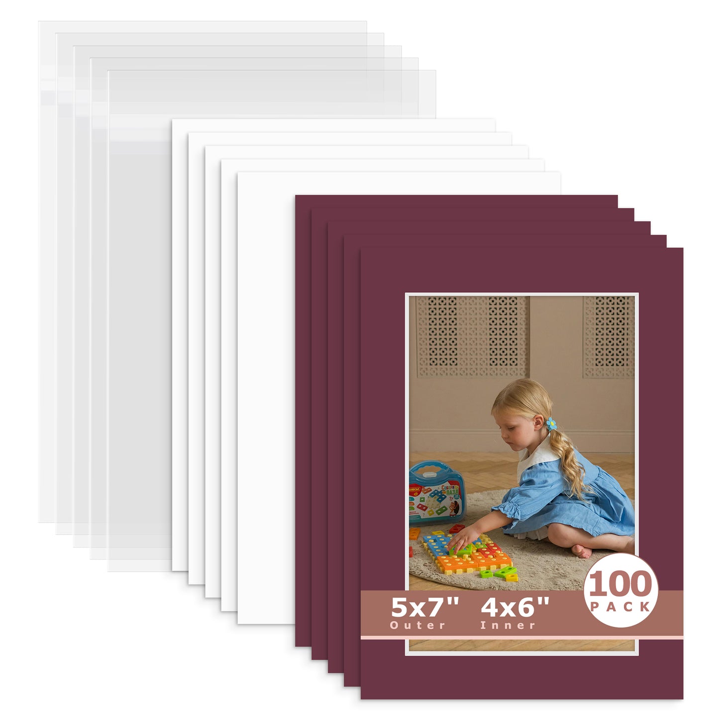 100 Pack 5x7 Whitecore Economy Pre-Cut Mat For 4x6 Picture + Backing + Bag N124 Maroon