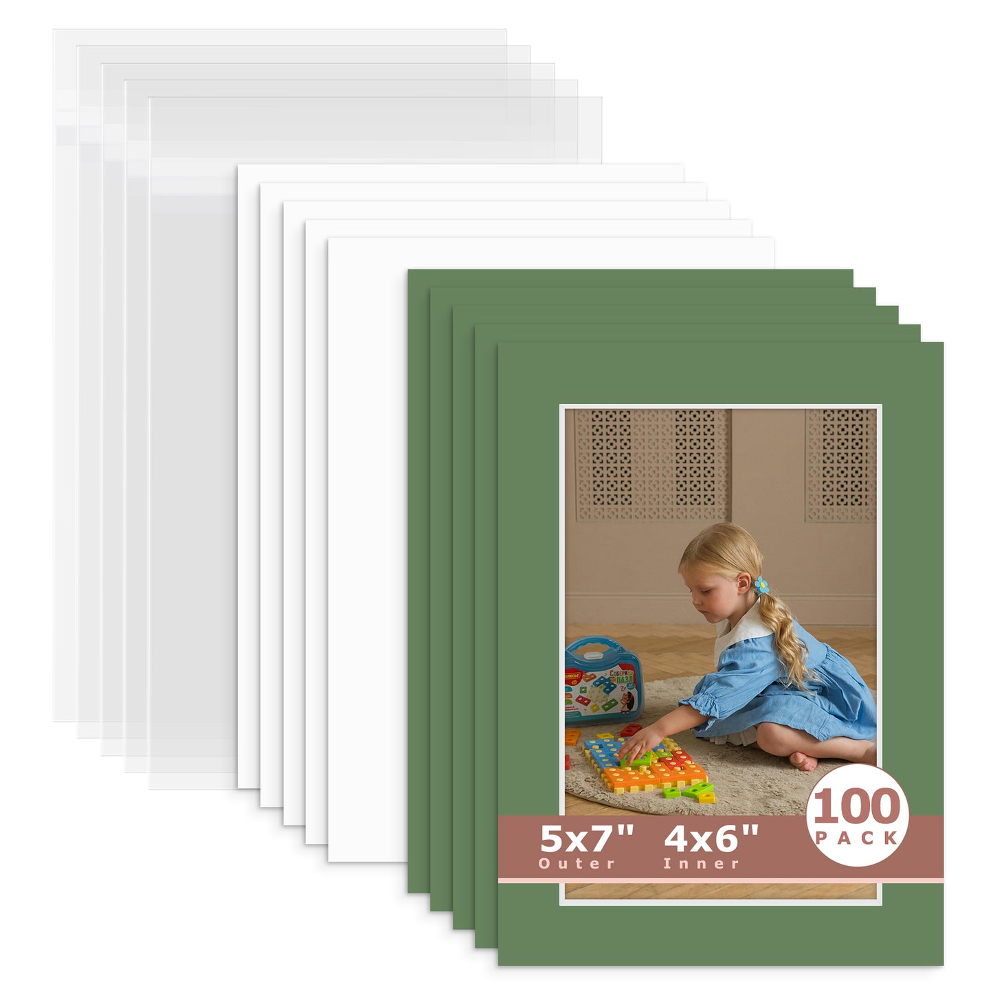100 Pack 5x7 Whitecore Economy Pre-Cut Mat For 4x6 Picture + Backing + Bag N131 Basque Green