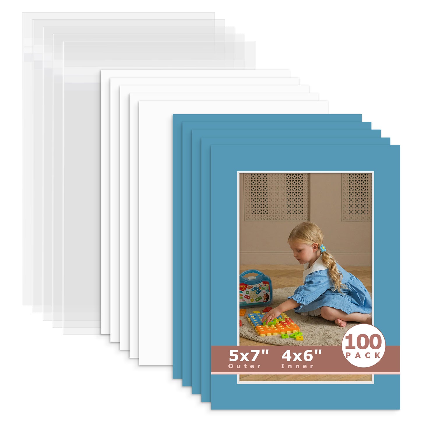 100 Pack 5x7 Whitecore Economy Pre-Cut Mat For 4x6 Picture + Backing + Bag N138 Dynamic Blue