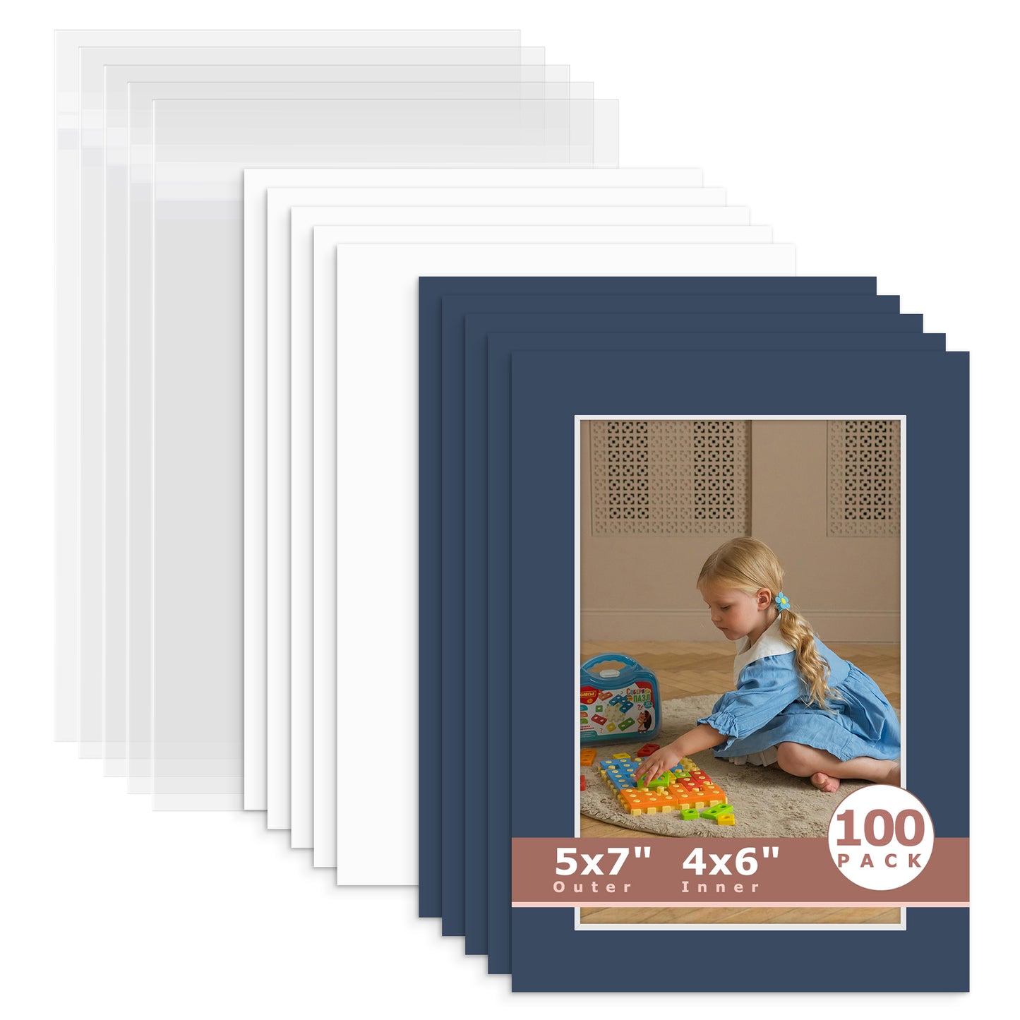 100 Pack 5x7 Whitecore Economy Pre-Cut Mat For 4x6 Picture + Backing + Bag N141 Dignity Blue