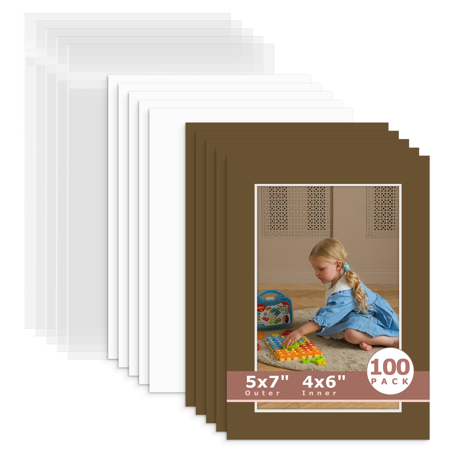 100 Pack 5x7 Whitecore Economy Pre-Cut Mat For 4x6 Picture + Backing + Bag N162 Java
