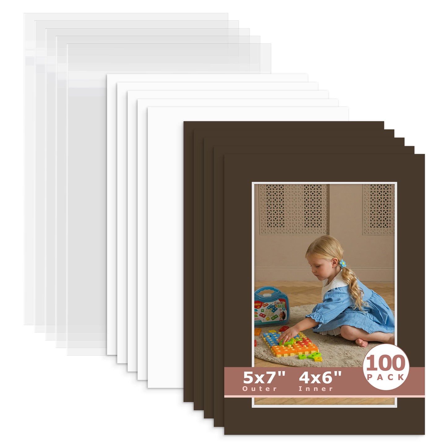 100 Pack 5x7 Whitecore Economy Pre-Cut Mat For 4x6 Picture + Backing + Bag N148 Well-Bred Brown