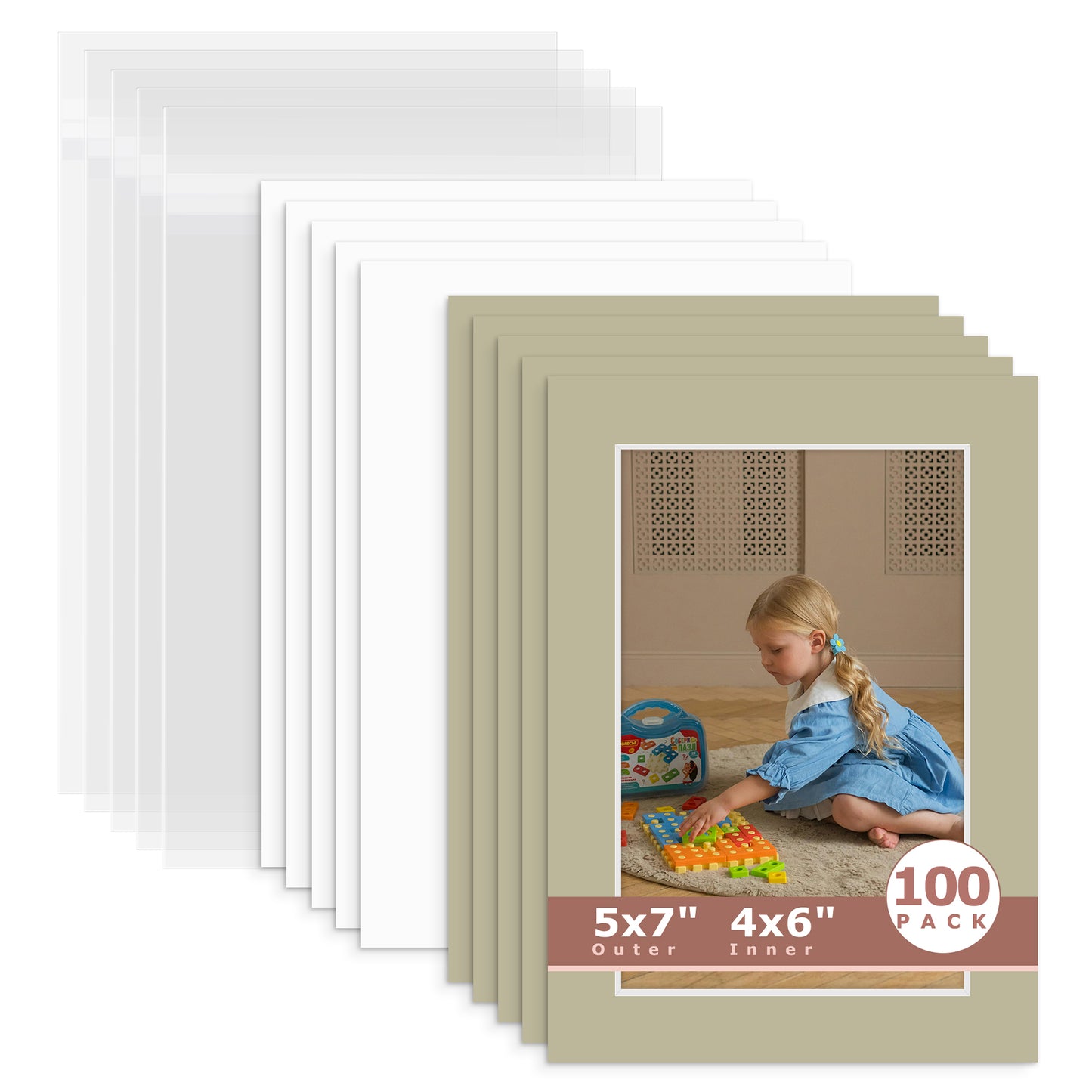 100 Pack 5x7 Whitecore Economy Pre-Cut Mat For 4x6 Picture + Backing + Bag N154 Middle Gray