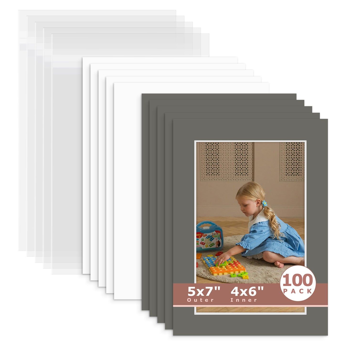 100 Pack 5x7 Whitecore Economy Pre-Cut Mat For 4x6 Picture + Backing + Bag N171 Gray