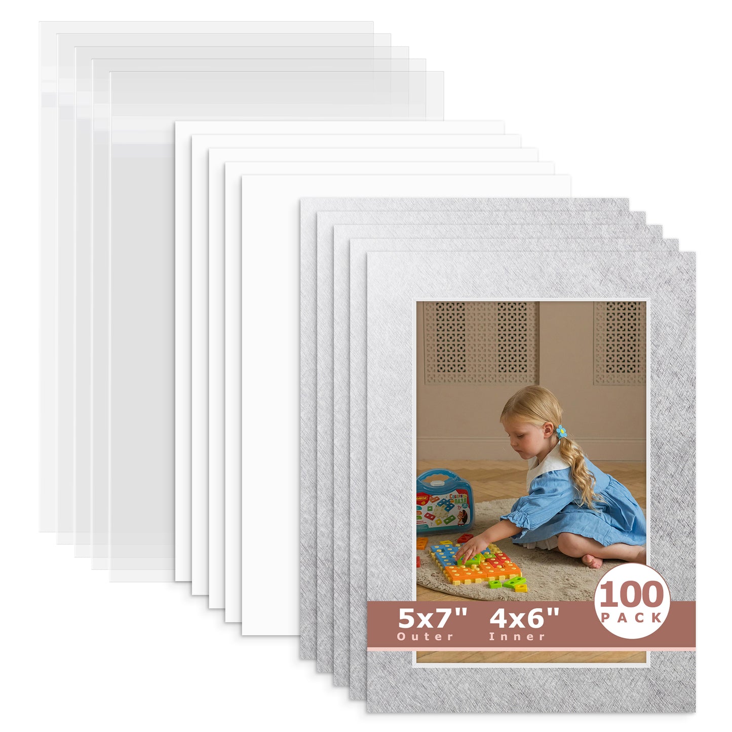 100 Pack 5x7 Whitecore Economy Pre-Cut Mat For 4x6 Picture + Backing + Bag N137 Silver