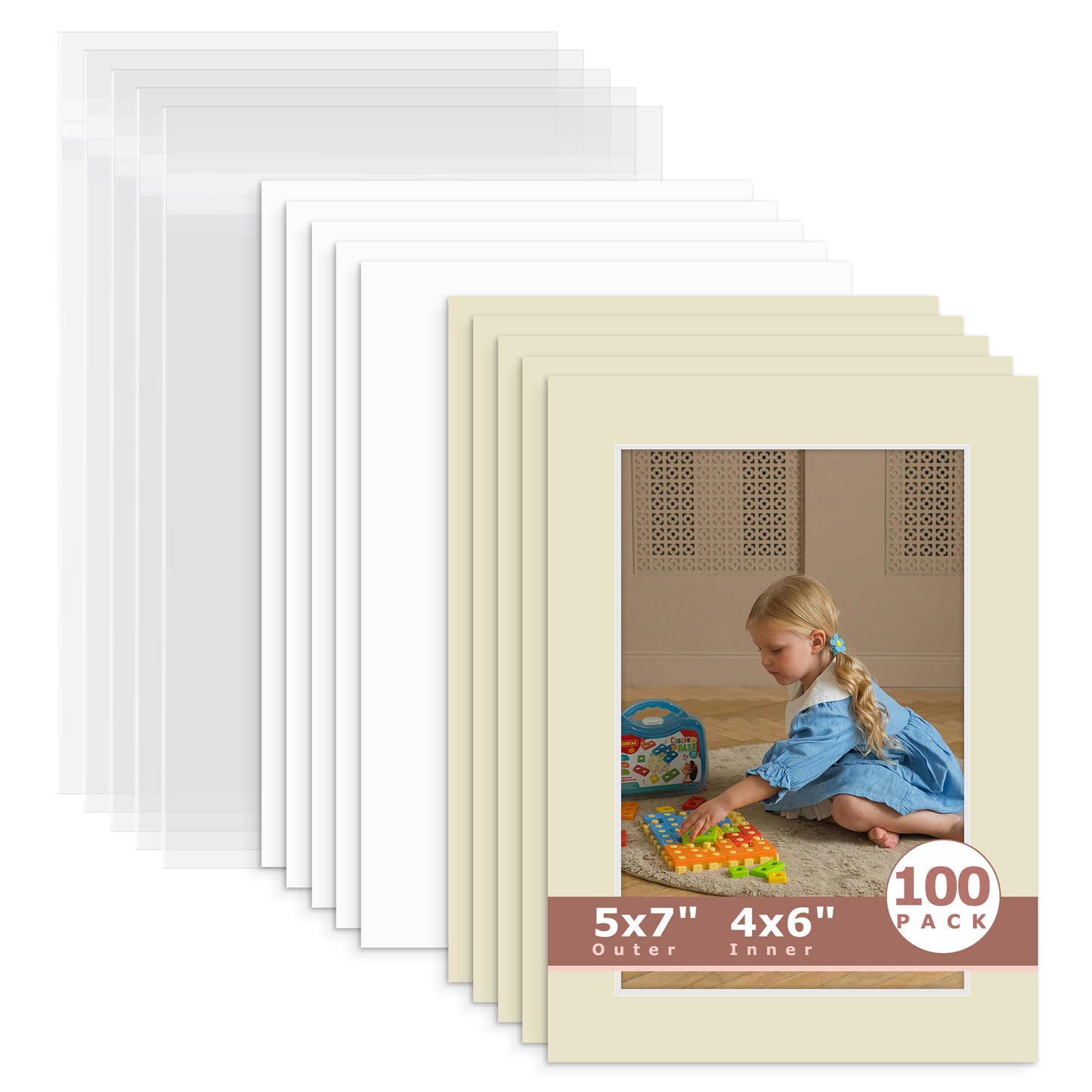 100 Pack 5x7 Whitecore Economy Pre-Cut Mat For 4x6 Picture + Backing + Bag N120 Light Gray