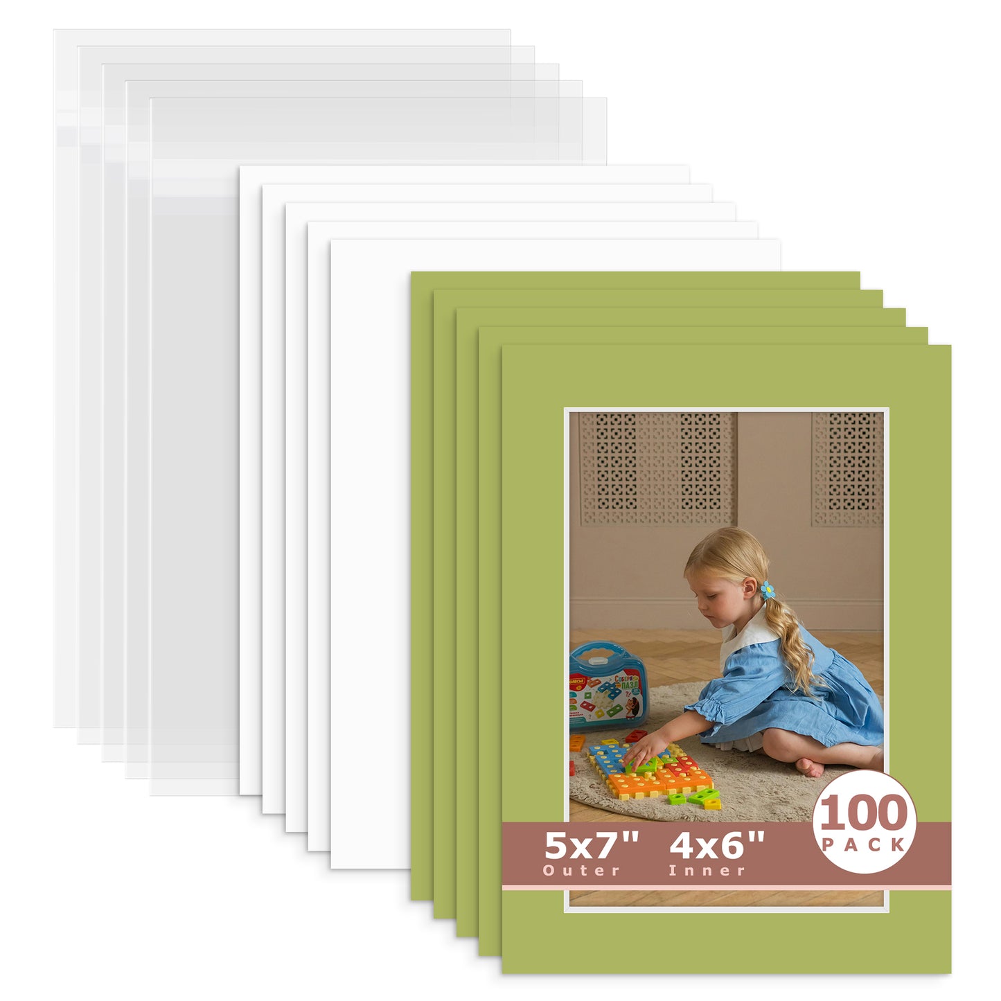100 Pack 5x7 Whitecore Economy Pre-Cut Mat For 4x6 Picture + Backing + Bag N163 Organic Green