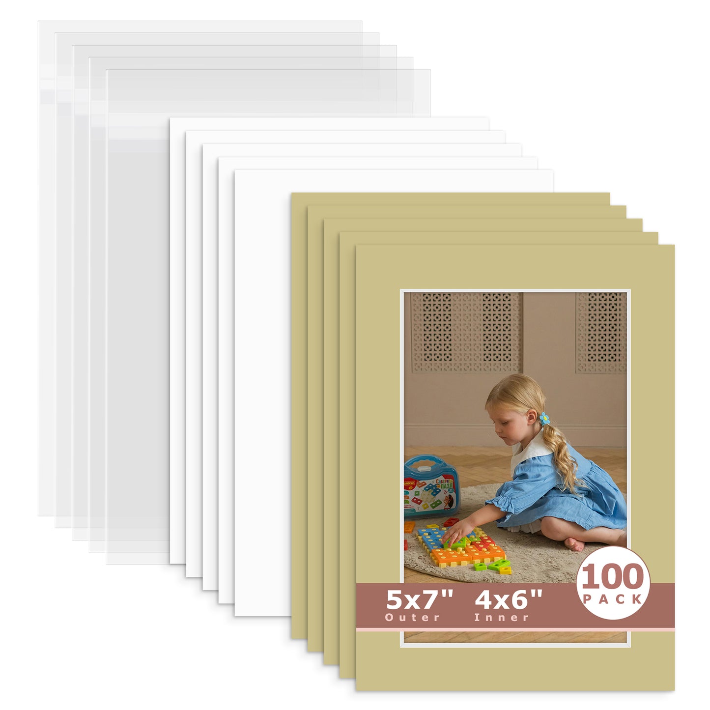 100 Pack 5x7 Whitecore Economy Pre-Cut Mat For 4x6 Picture + Backing + Bag N126 Mexican Stone