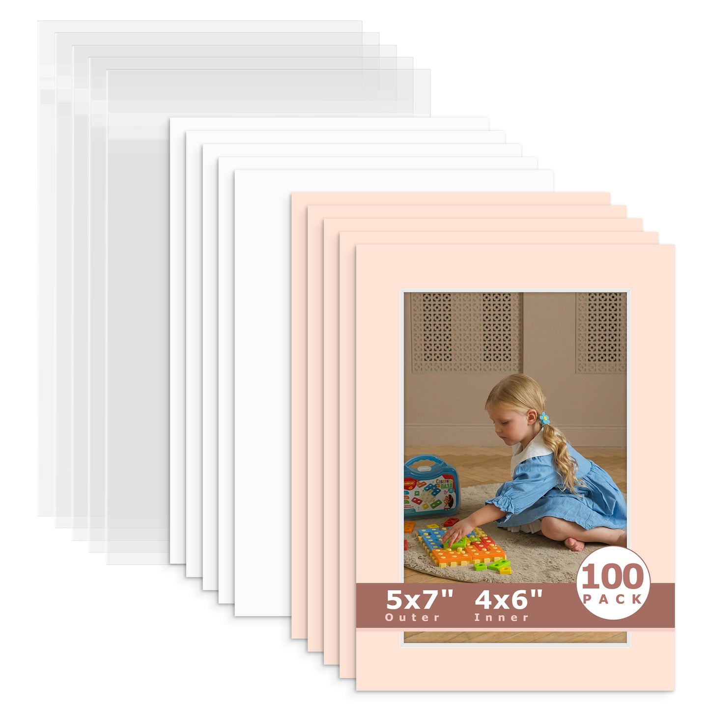 100 Pack 5x7 Whitecore Economy Pre-Cut Mat For 4x6 Picture + Backing + Bag N229 Pink