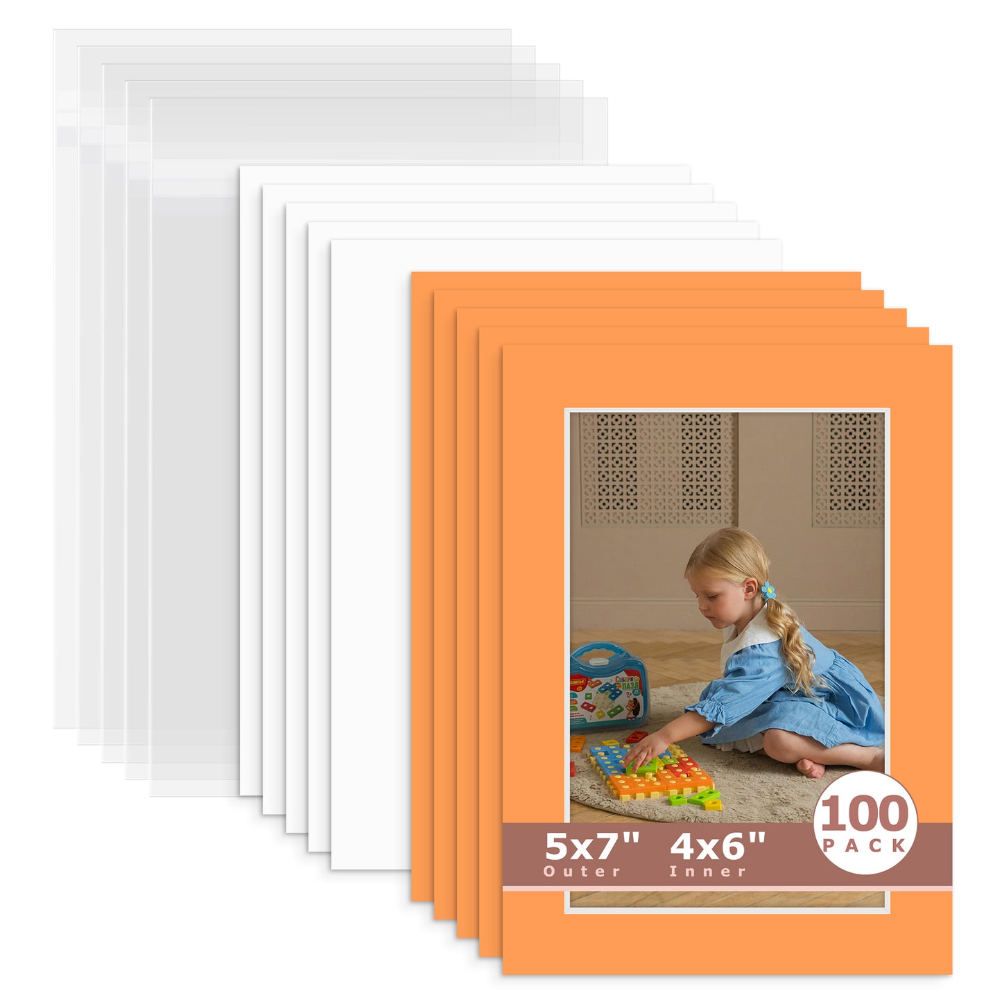 100 Pack 5x7 Whitecore Economy Pre-Cut Mat For 4x6 Picture + Backing + Bag N178 Orange