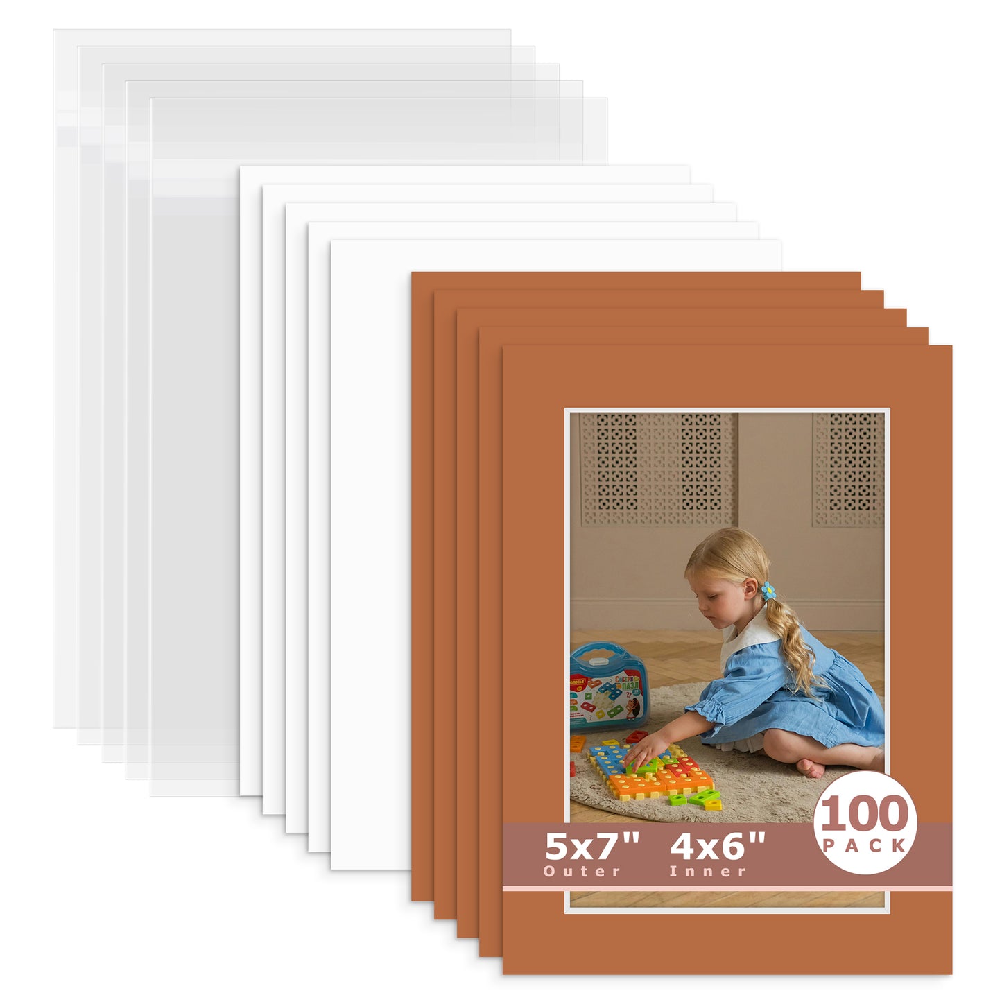 100 Pack 5x7 Whitecore Economy Pre-Cut Mat For 4x6 Picture + Backing + Bag N145 Earth