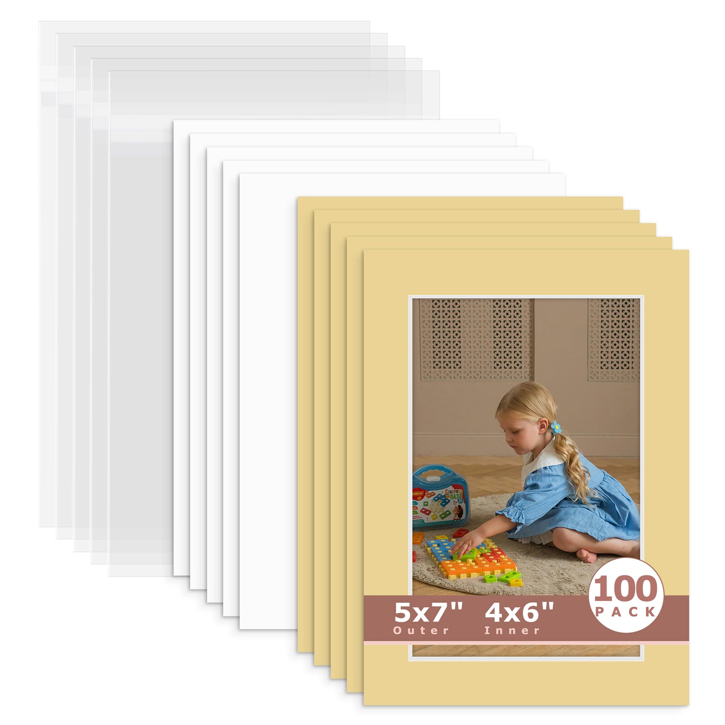 100 Pack 5x7 Whitecore Economy Pre-Cut Mat For 4x6 Picture + Backing + Bag N158 Indian Tan