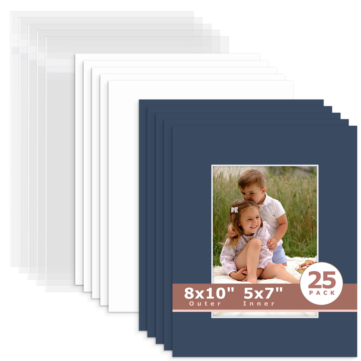 25 Pack 8x10 Whitecore Economy Pre-Cut Mat Board + Backing + Bag 5x7 (4.5x6.5 exact opening) N141 Dignity Blue