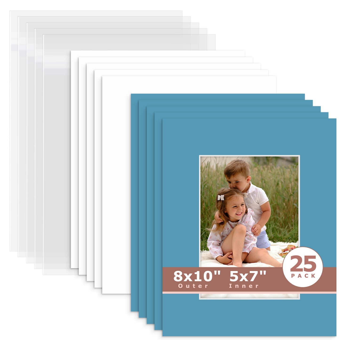 25 Pack 8x10 Whitecore Economy Pre-Cut Mat Board + Backing + Bag 5x7 (4.5x6.5 exact opening) N138 Dynamic Blue