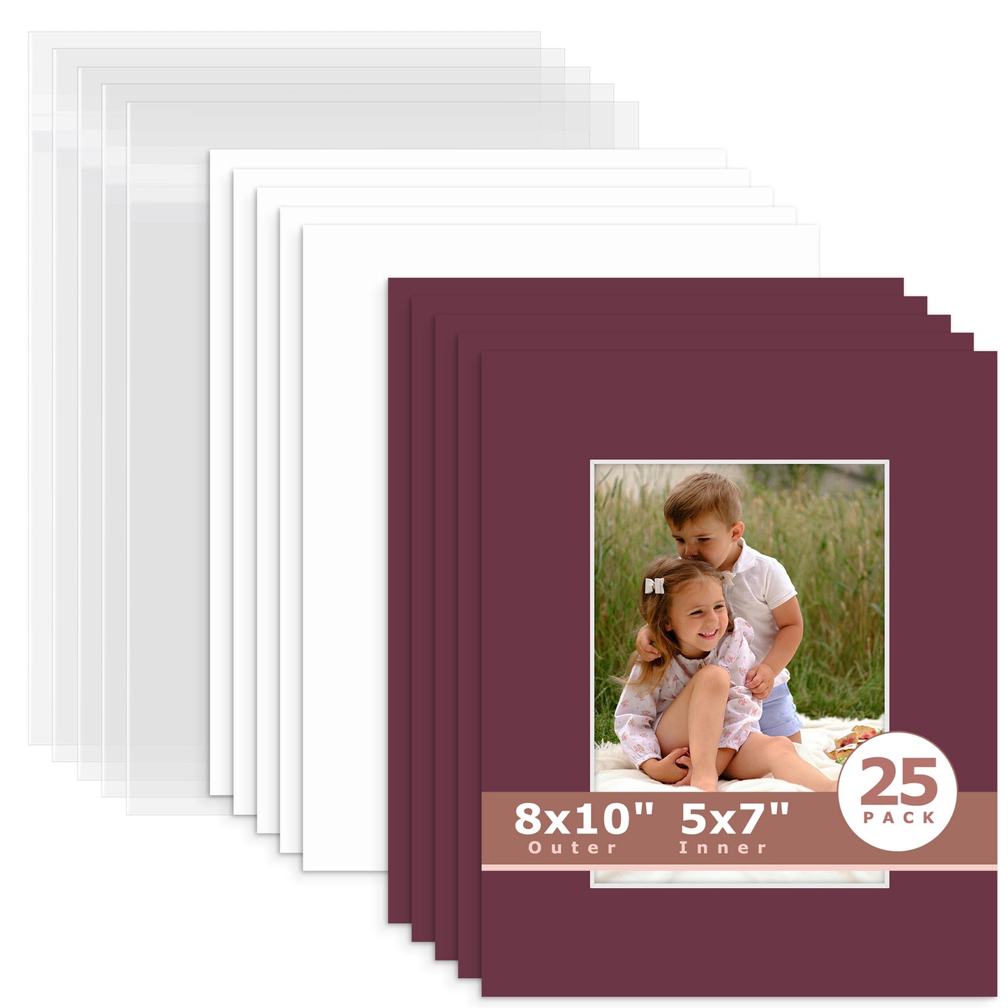 25 Pack 8x10 Whitecore Economy Pre-Cut Mat Board + Backing + Bag 5x7 (4.5x6.5 exact opening) N124 Maroon