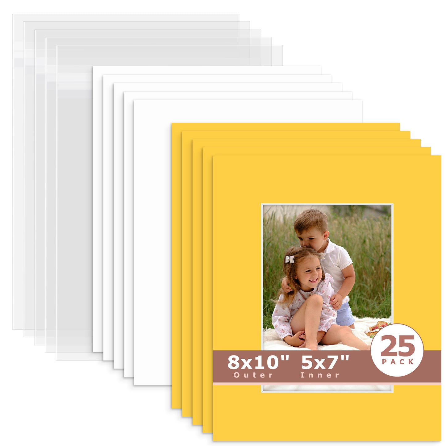 25 Pack 8x10 Whitecore Economy Pre-Cut Mat Board + Backing + Bag 5x7 (4.5x6.5 exact opening) N212 Deep Yellow