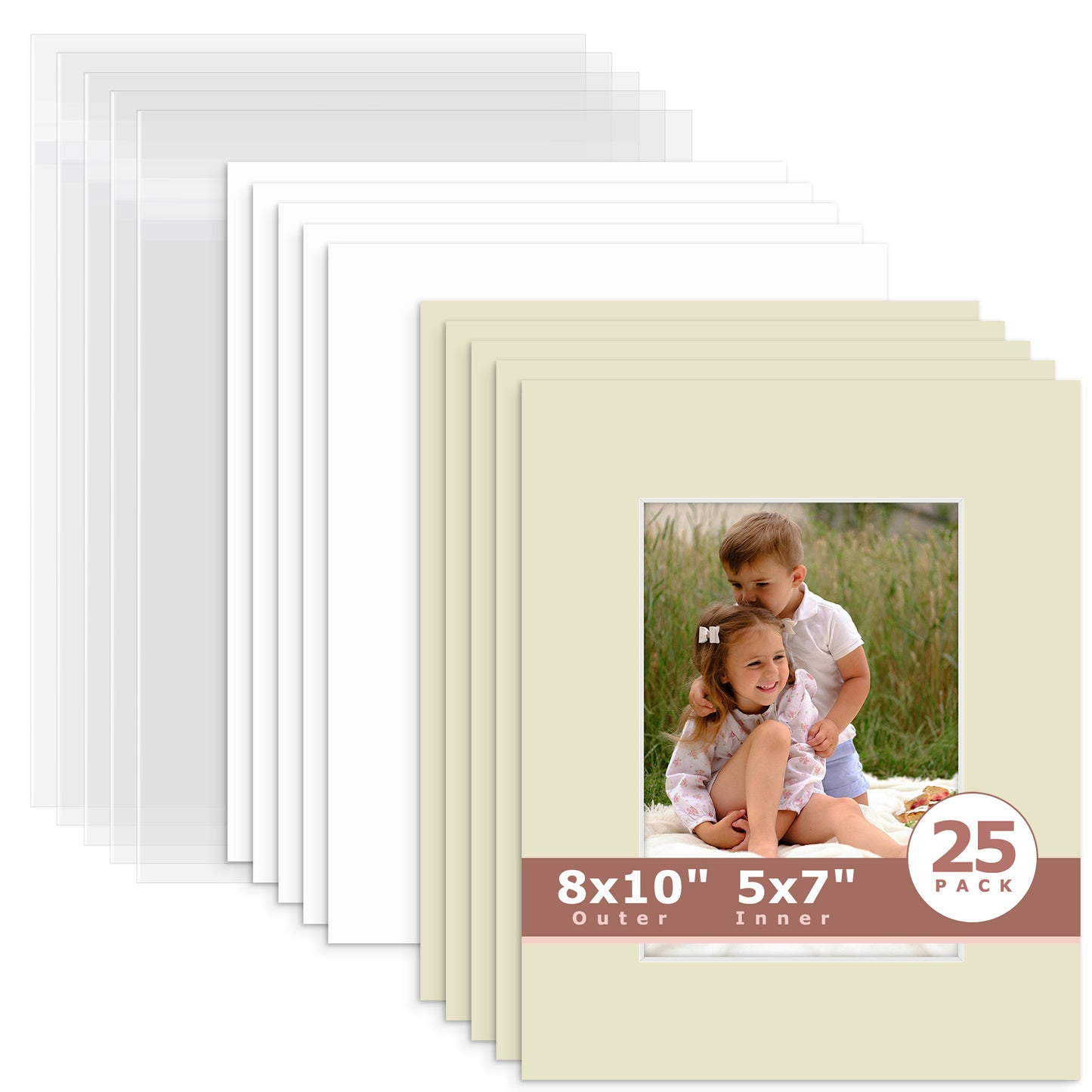 25 Pack 8x10 Whitecore Economy Pre-Cut Mat Board + Backing + Bag 5x7 (4.5x6.5 exact opening) N120 Light Gray