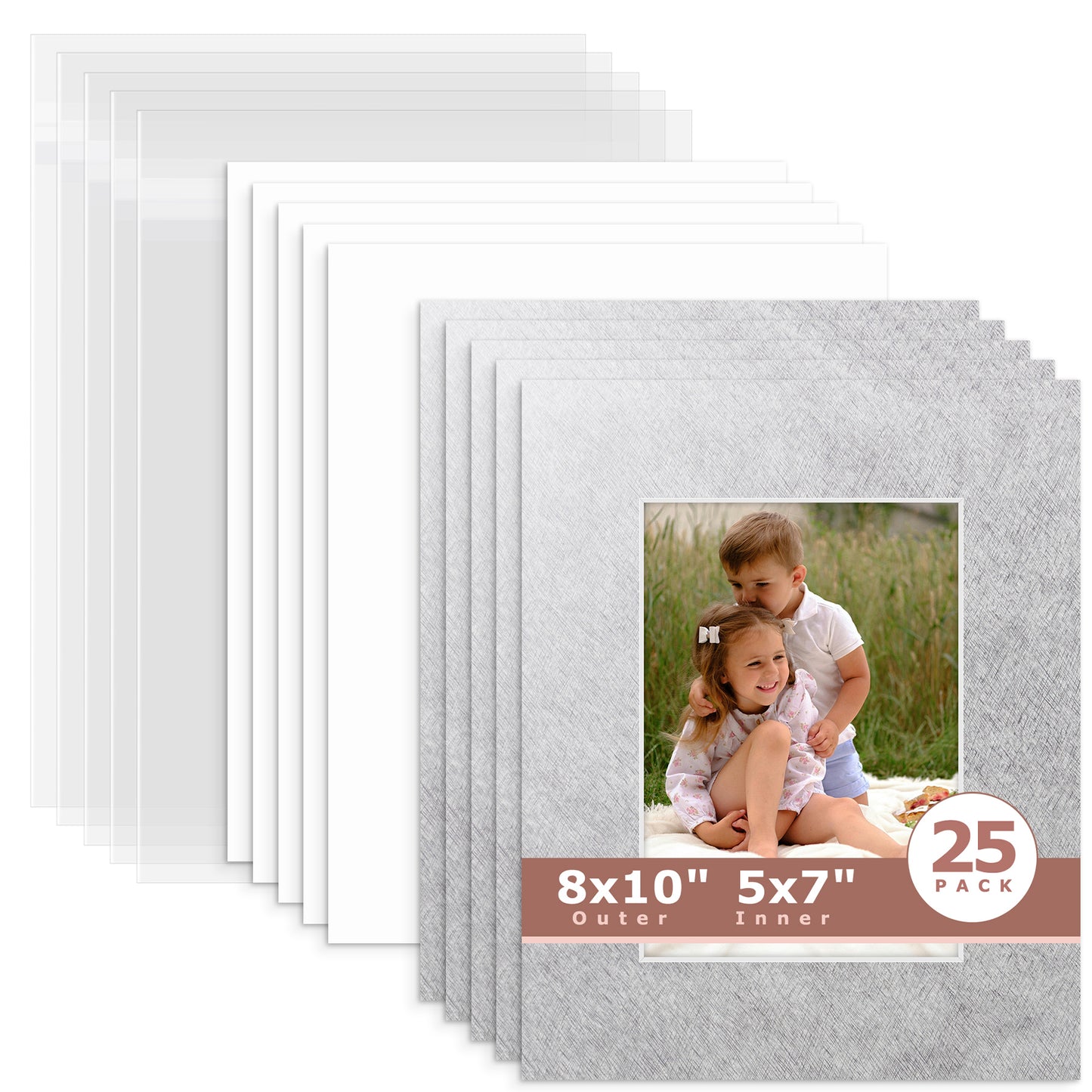 25 Pack 8x10 Whitecore Economy Pre-Cut Mat Board + Backing + Bag 5x7 (4.5x6.5 exact opening) N137 Silver