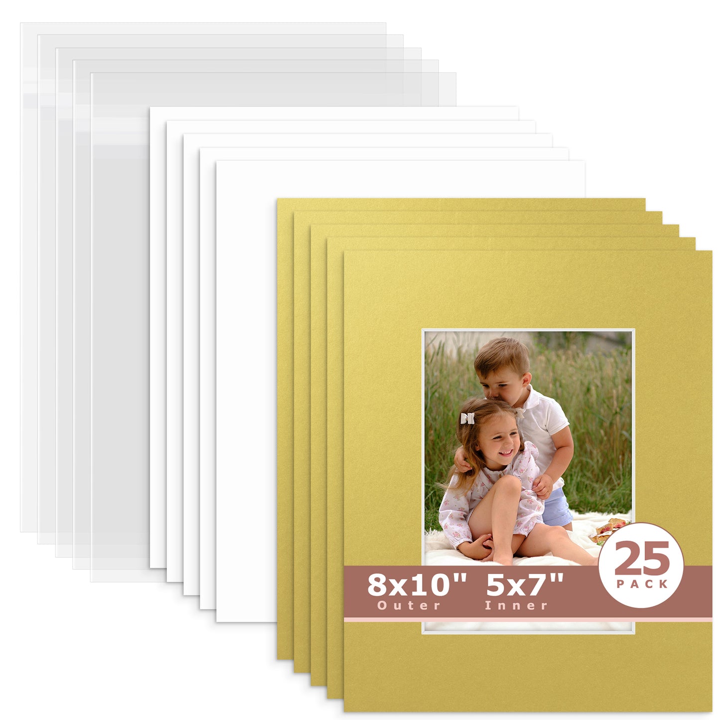25 Pack 8x10 Whitecore Economy Pre-Cut Mat Board + Backing + Bag 5x7 (4.5x6.5 exact opening) N143 Old Gold