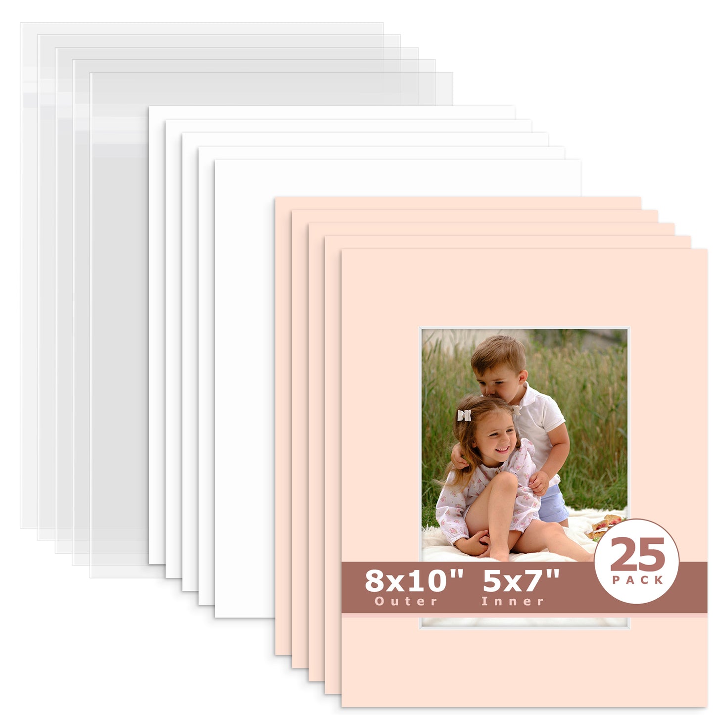 25 Pack 8x10 Whitecore Economy Pre-Cut Mat Board + Backing + Bag 5x7 (4.5x6.5 exact opening) N229 Pink