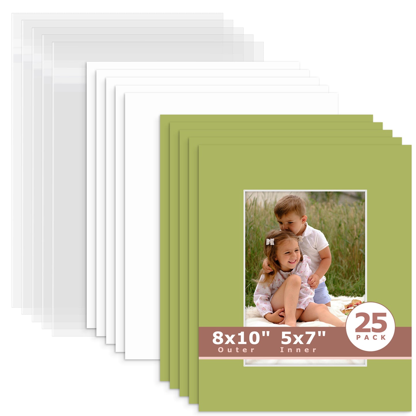 25 Pack 8x10 Whitecore Economy Pre-Cut Mat Board + Backing + Bag 5x7 (4.5x6.5 exact opening) N163 Organic Green