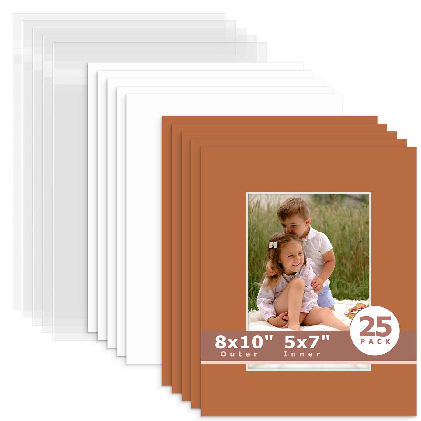 25 Pack 8x10 Whitecore Economy Pre-Cut Mat Board + Backing + Bag 5x7 (4.5x6.5 exact opening) N145 Earth