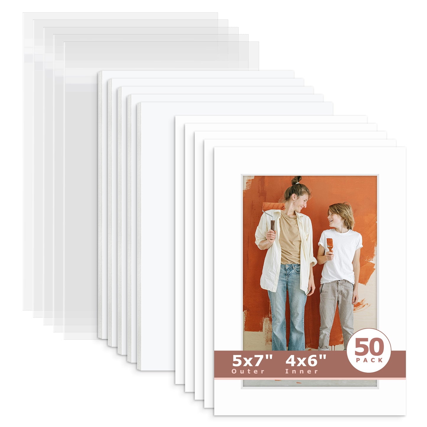50 Pack 5x7 Economy Pre-Cut Mat For 4x6 Picture + White Foam Board + Bag N501 White