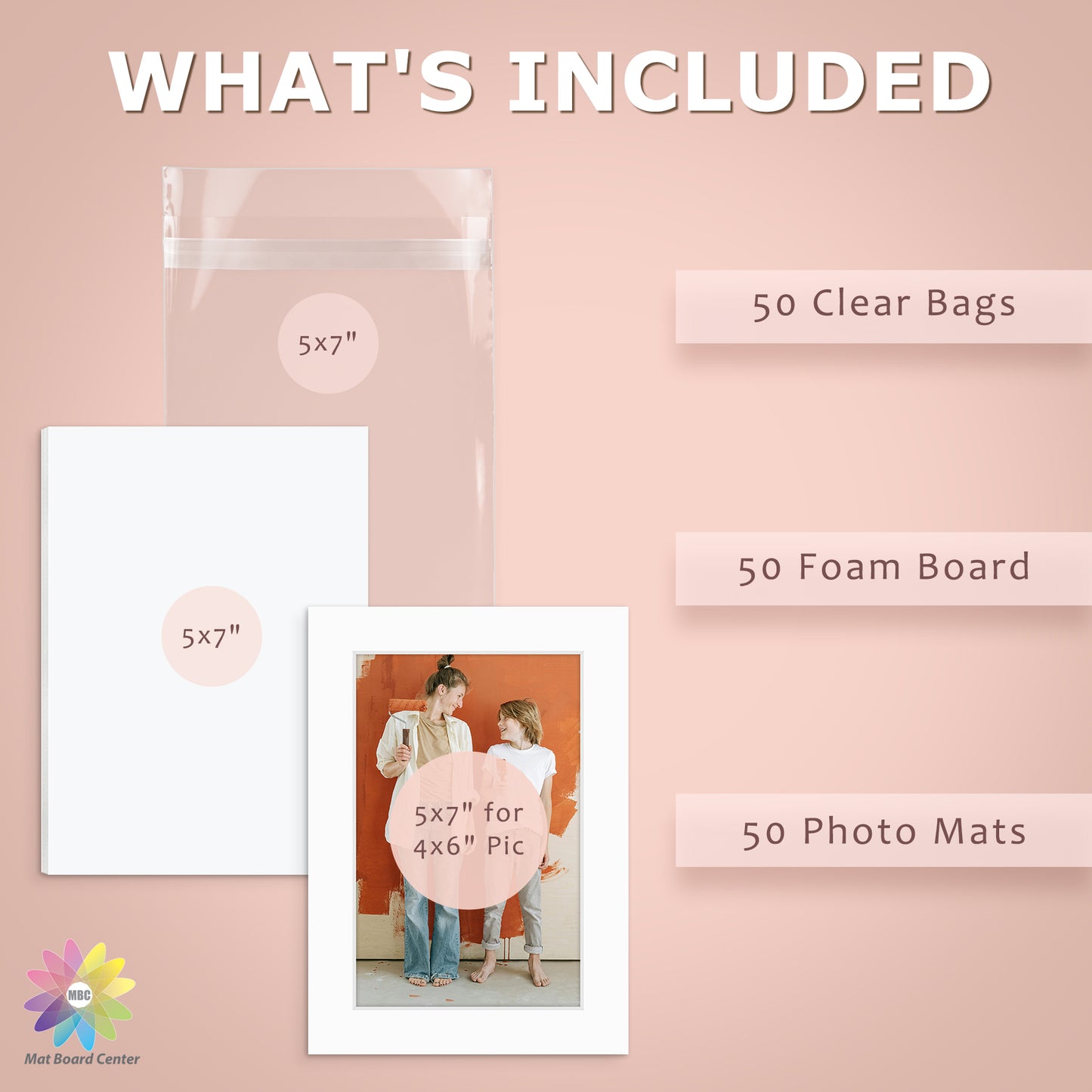 50 Pack 5x7 Economy Pre-Cut Mat For 4x6 Picture + White Foam Board + Bag