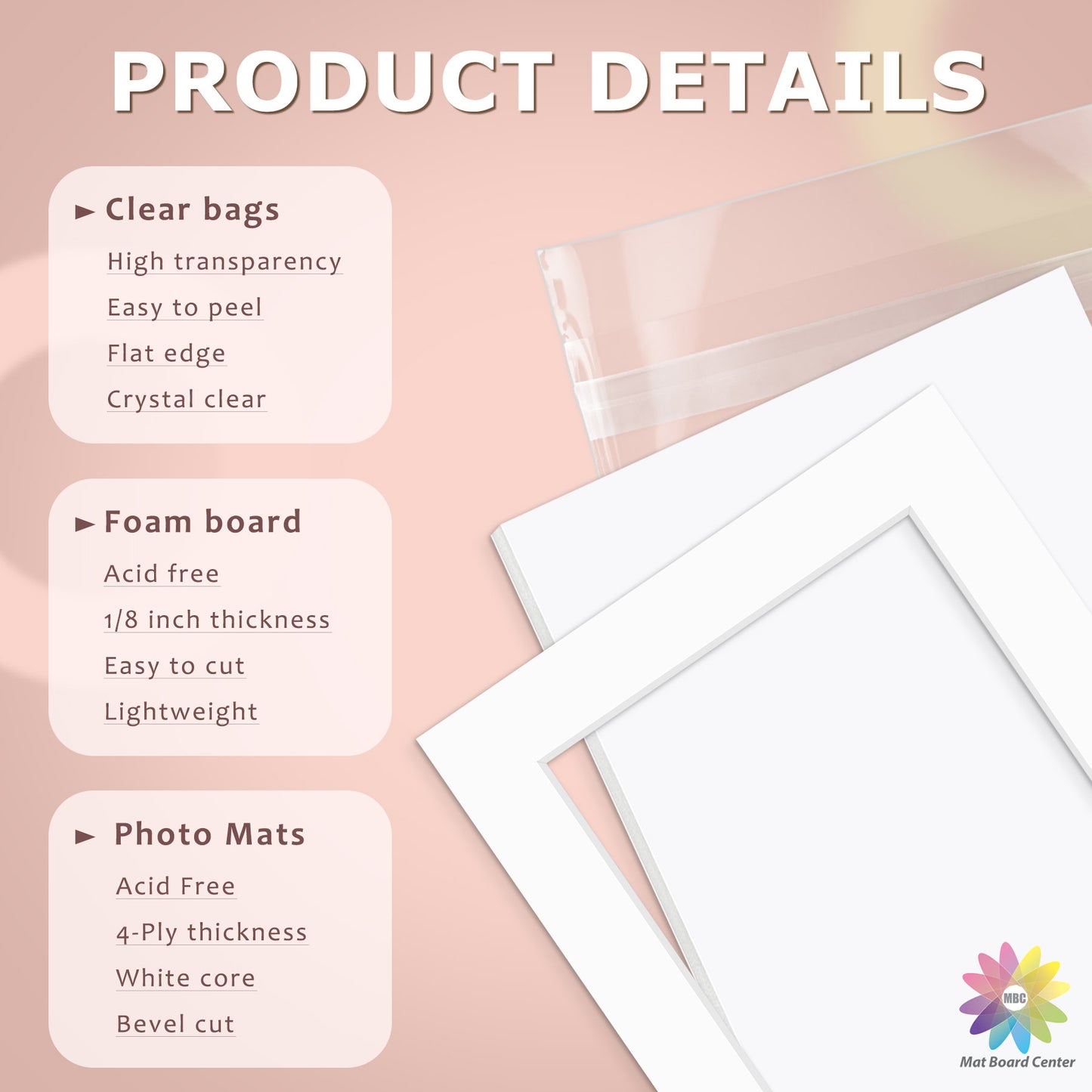 50 Pack 5x7 Economy Pre-Cut Mat For 4x6 Picture + White Foam Board + Bag