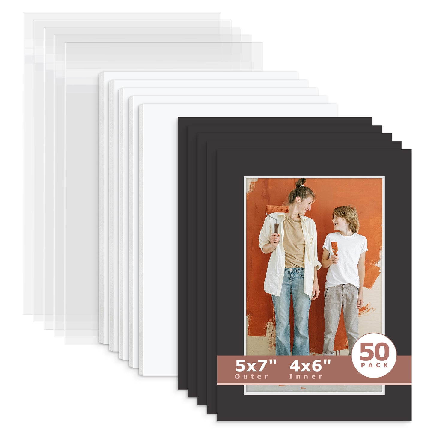 50 Pack 5x7 Economy Pre-Cut Mat For 4x6 Picture + White Foam Board + Bag N142 Tricom Black