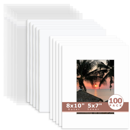 100 Pack 8x10 Economy Pre-Cut Mat Board + White Foam Board + Bag 5x7 (4.5x6.5 exact opening) N501 White