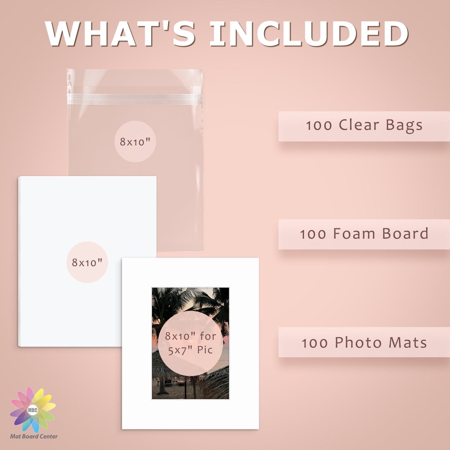 100 Pack 8x10 Economy Pre-Cut Mat Board + White Foam Board + Bag