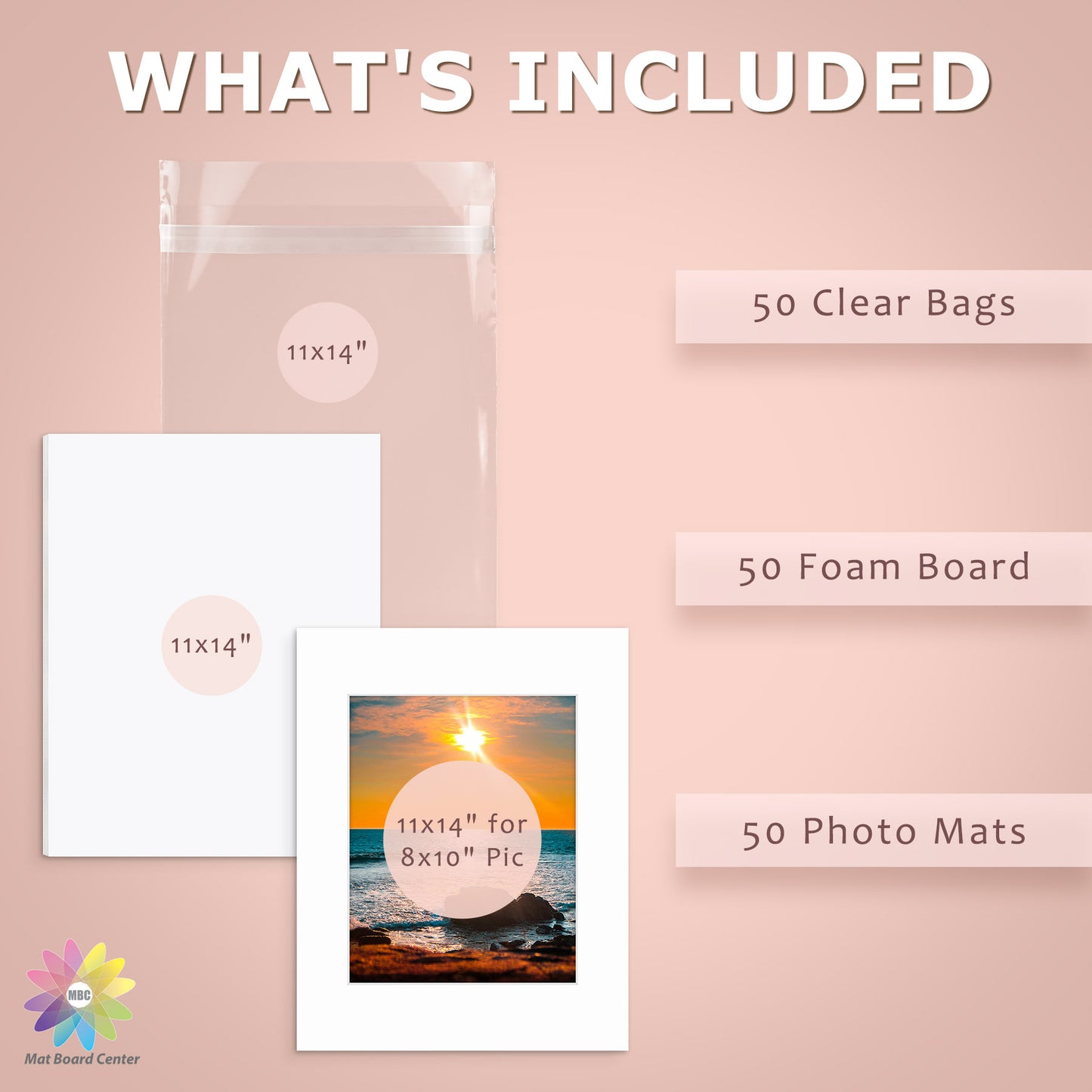 50 Pack 11x14 Whitecore Pre-Cut Mat Board + White Foam Board + Bag